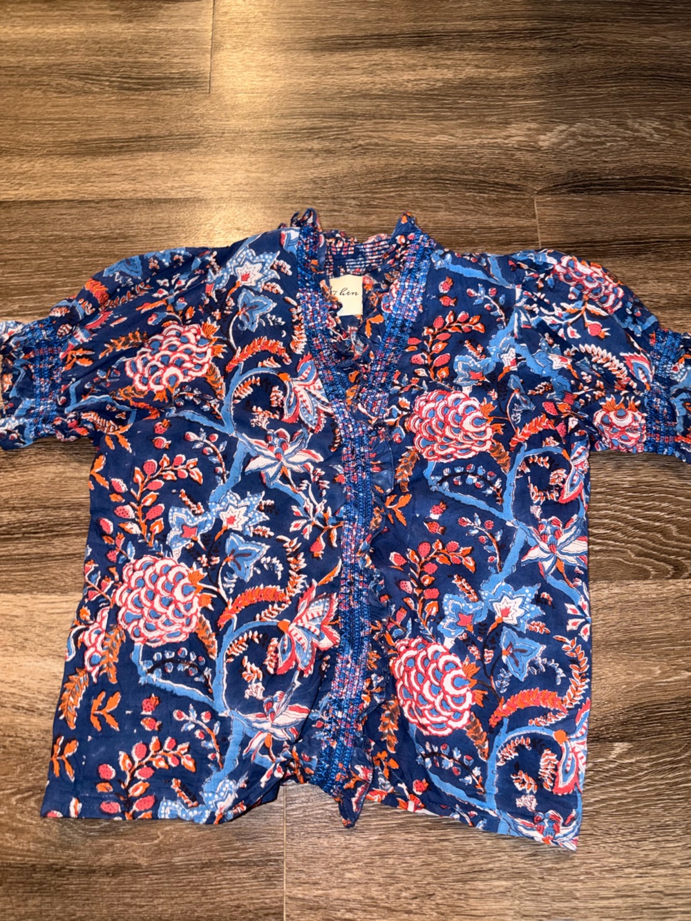Navy Blue Floral Short Sleeve Blouse